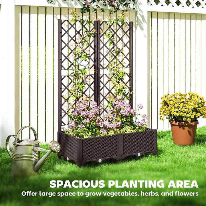 Raised Garden Bed with Trellis, Plastic Planter Box with Drainage Holes, Drain Plugs and Water Reservoirs for Climbing Plants, Vegetables, Flowers, Brown
