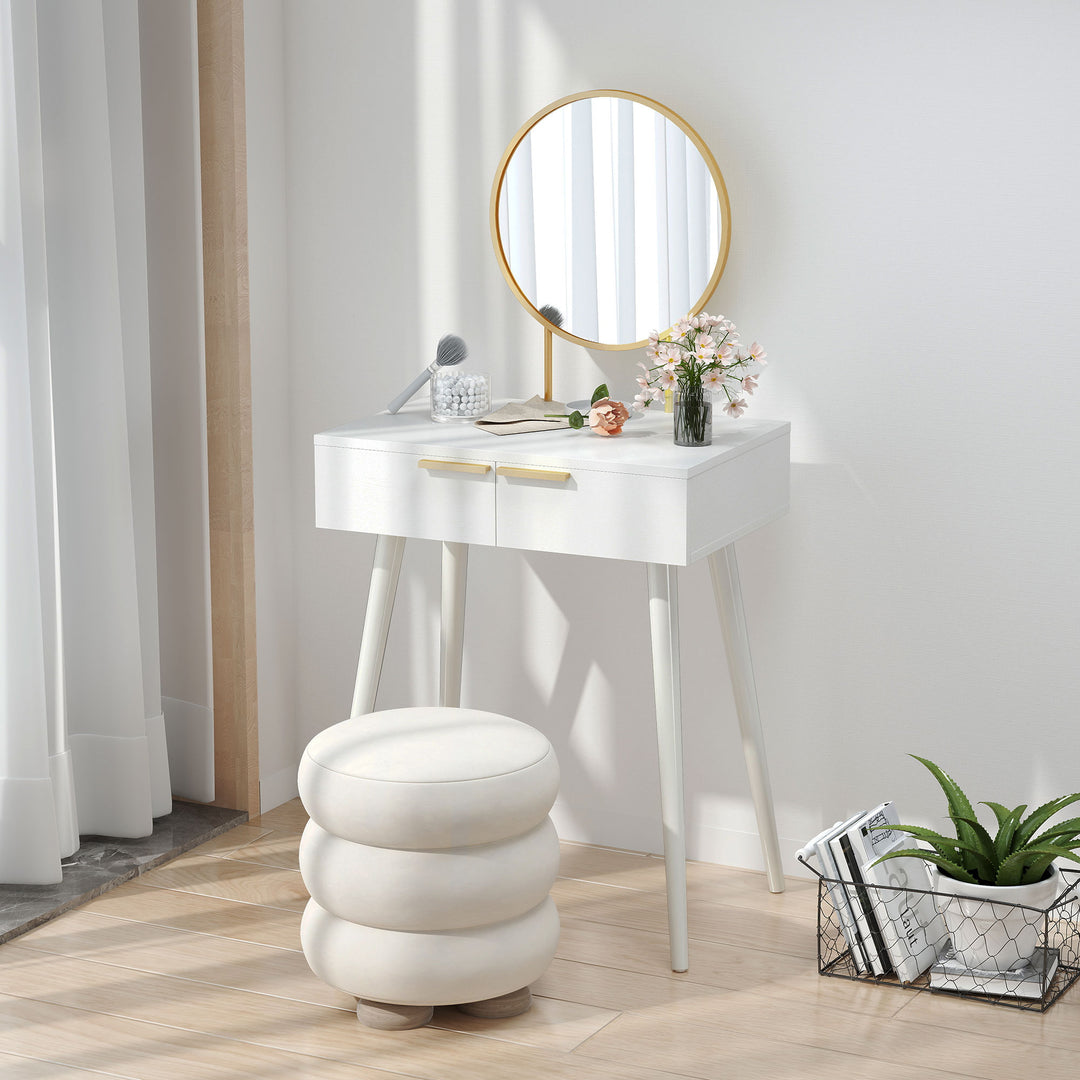 Elegant Dressing Table, with Round Mirror, 60 x 40 x 123 cm - White