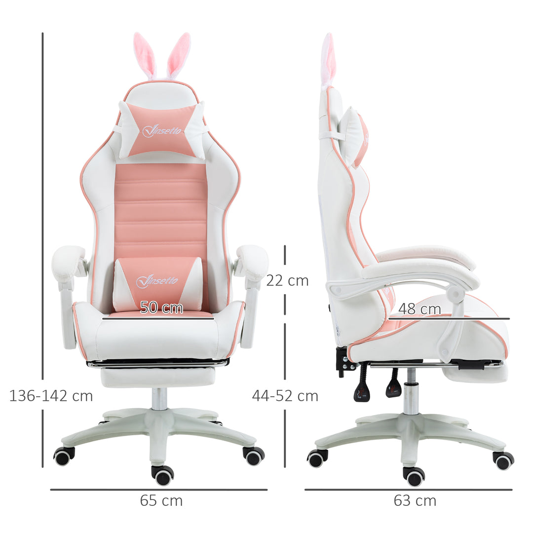 Racing Gaming Chair, Reclining PU Leather Computer Chair with Removable Rabbit Ears, Footrest, Headrest and Lumber Support, Pink