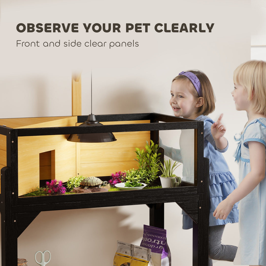 Wooden Tortoise House with Storage Shelf, Clear Observation Windows, Lamp Holder, Openable Top, Built-in Tray, Yellow
