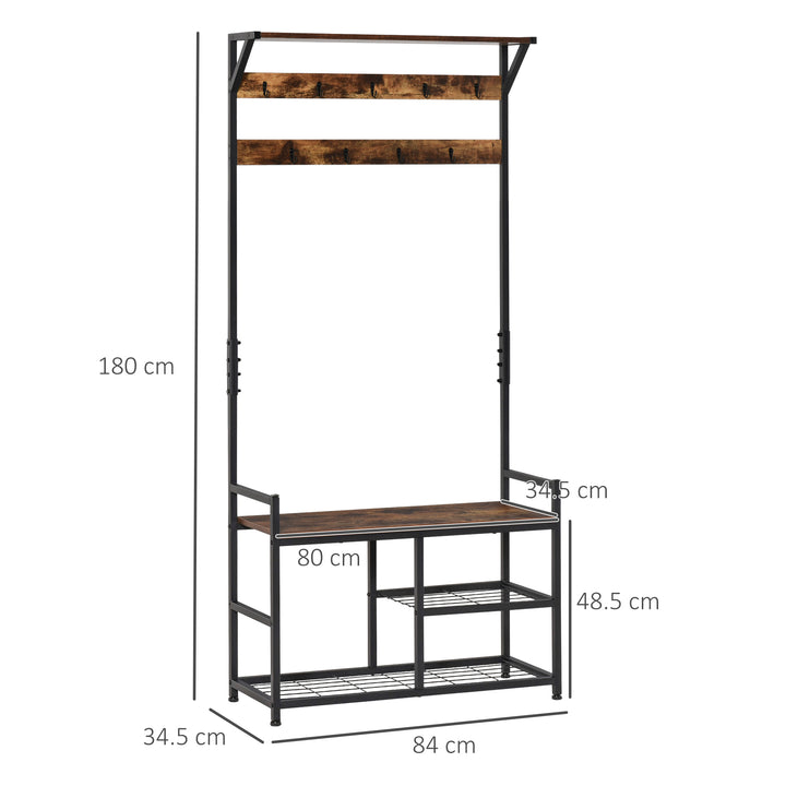 HOMCOM Coat Rack Stand Shoe Storage Bench with 9 Hooks Shelves for Bedroom Living Room Entryway Brown and Black 180cm
