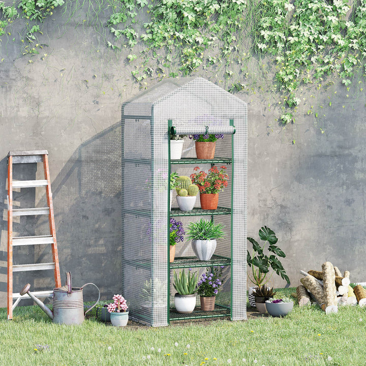 Outsunny 4 Tier Mini Greenhouse, Portable Green House with Steel Frame, PE Cover, Roll