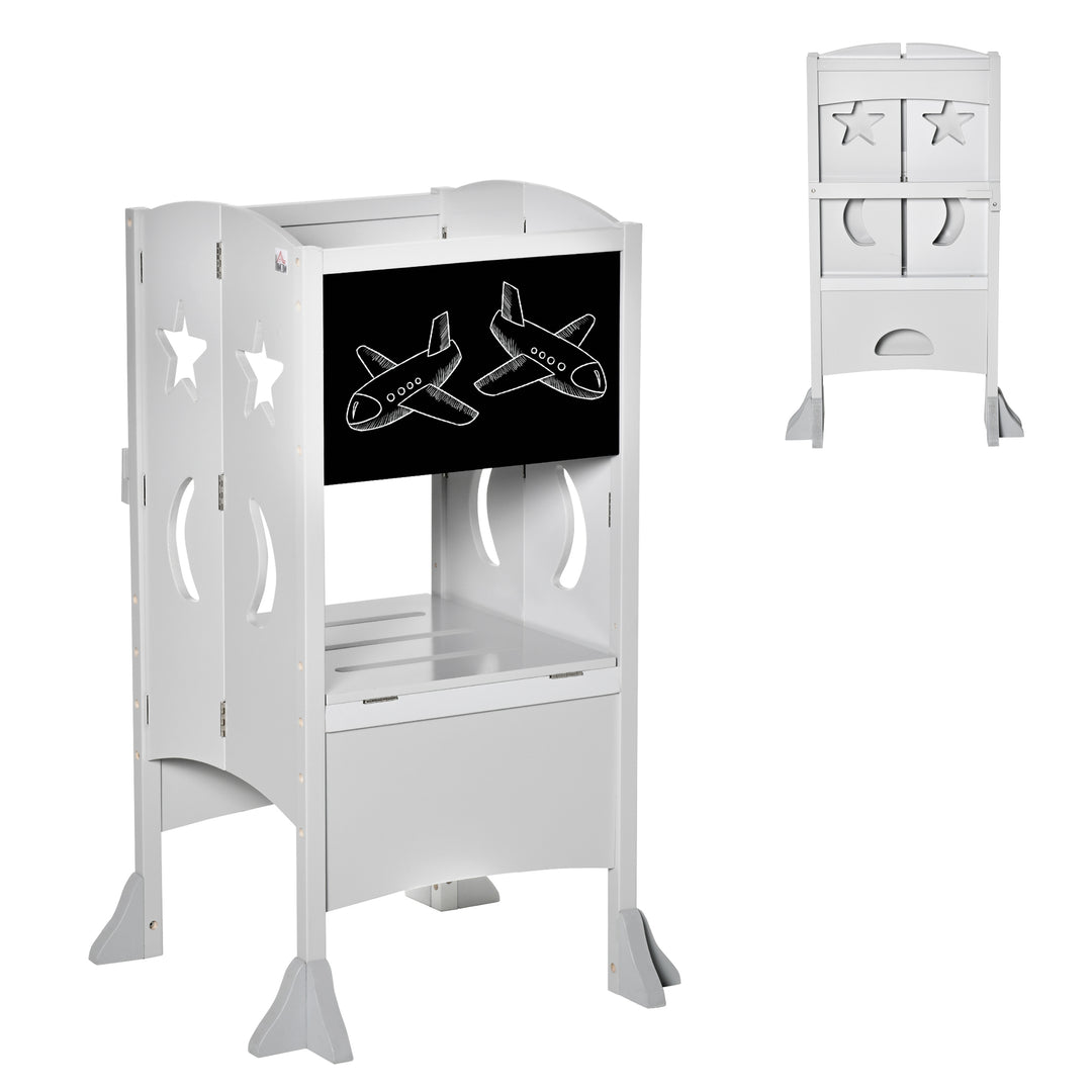 Kids Step Stool Toddler Kitchen Stool with Blackboard Lockable Handrail for Kids Kitchen Counter Grey