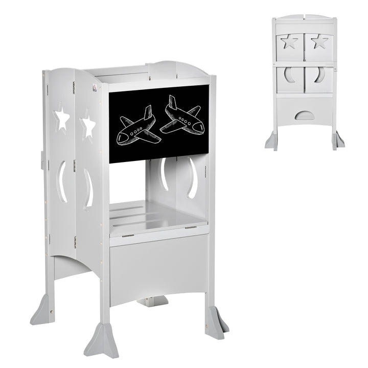 Kids Step Stool Toddler Kitchen Stool with Blackboard Lockable Handrail for Kids Kitchen Counter Grey