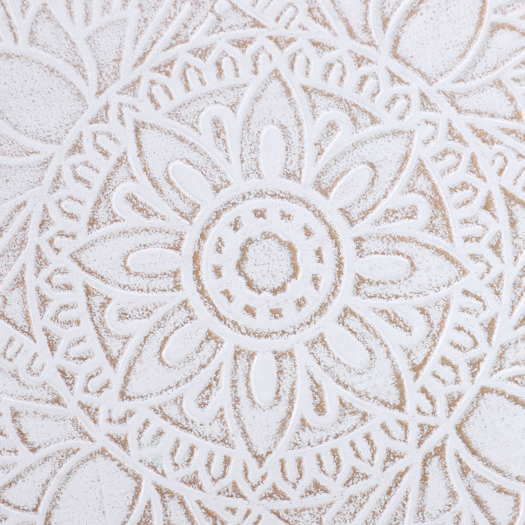 MCL Coffee Table, Carved Floral Round Table with Tray-style Top and Wood Legs, Modern Side Table for Living Room, White