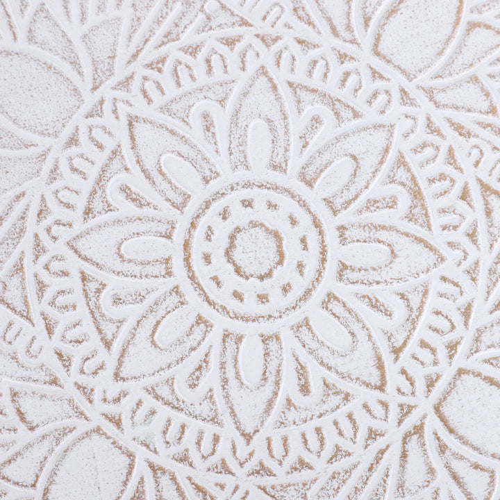 MCL Coffee Table, Carved Floral Round Table with Tray-style Top and Wood Legs, Modern Side Table for Living Room, White