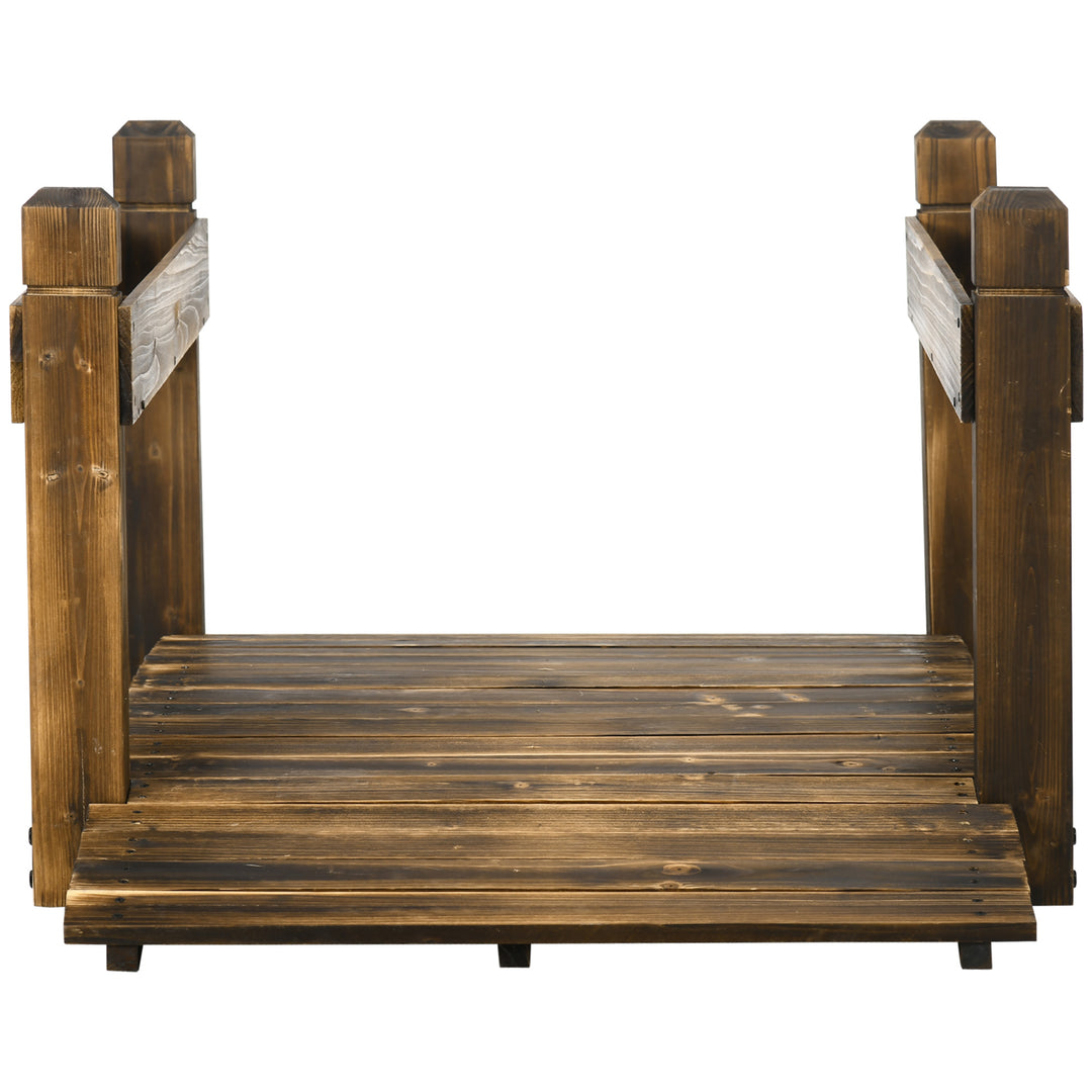 5FT Wooden Garden Bridge with Planters on Safety Railings, Stained Finish Arc Footbridge for Pond Backyard Stream