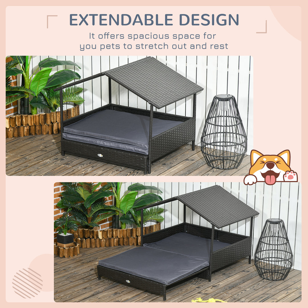 Extendable Elevated Dog Bed, Rattan Dog House w/ Water-Resistant Roof, Removable Cushion - Grey