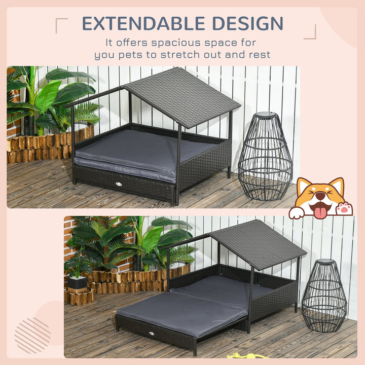 Extendable Elevated Dog Bed, Rattan Dog House w/ Water-Resistant Roof, Removable Cushion - Grey