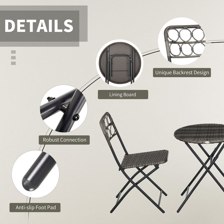 3 Pieces Rattan Bistro Set, Wicker Folding Garden Furniture Set with Coffee Table and Chairs for Outdoor, Patio, Balcony, Grey