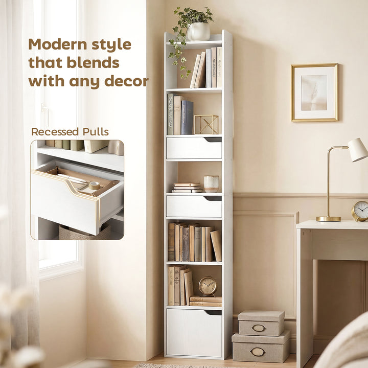 Bookcase Tall Narrow with 5 Tiers and Drawers Freestanding Bookshelf S