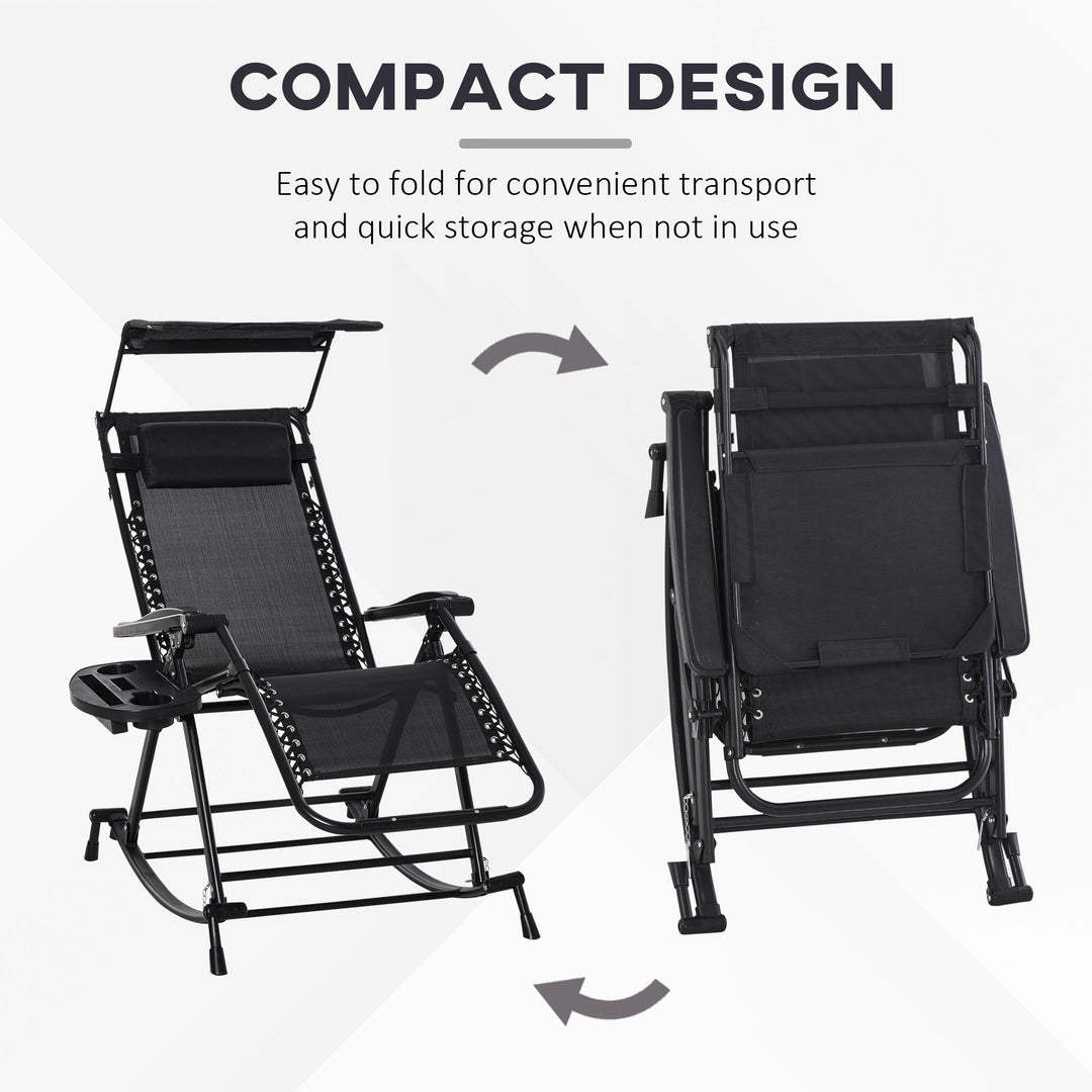 Garden Rocking Chair Folding Recliner Outdoor Adjustable Sun Lounger Rocker Zero-Gravity Seat with Headrest Side Holder Patio Deck - Black