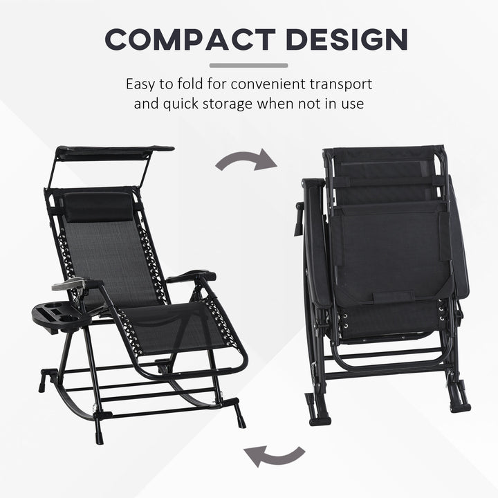 Garden Rocking Chair Folding Recliner Outdoor Adjustable Sun Lounger Rocker Zero-Gravity Seat with Headrest Side Holder Patio Deck - Black