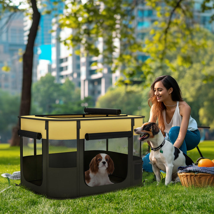 PawHut Foldable Dog Pen with Storage Bag for Indoor/Outdoor Use, Yellow | Aosom UK