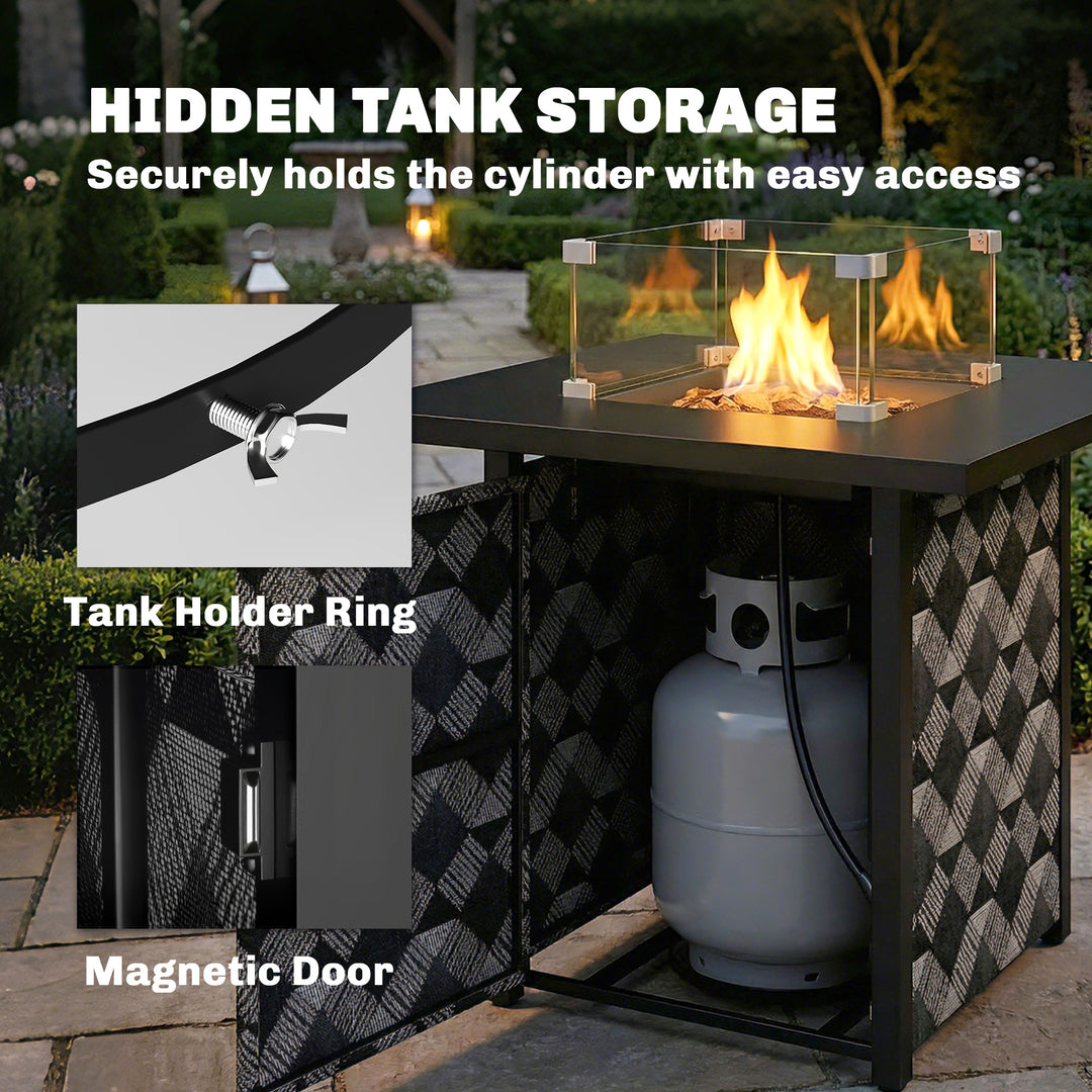 Square Propane Gas Fire Pit Table, 12 KW Firepit with Glass Wind Guard