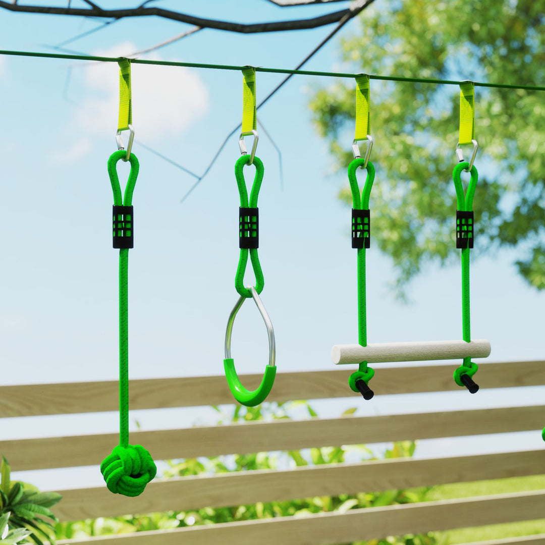 AIYAPLAY 7-Piece Kids Zip Line Kit for Garden, 10m Kids Slackline Kit with Wooden Monkey Bars, Metal Rings, Gripping Balls, Green