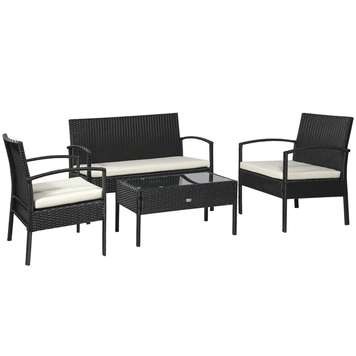 Outsunny Rattan Garden Lounge Set: 4-Seater Wicker Sofa & Table, Outdoor Patio Furniture, Monochrome Black & Cream | Aosom UK