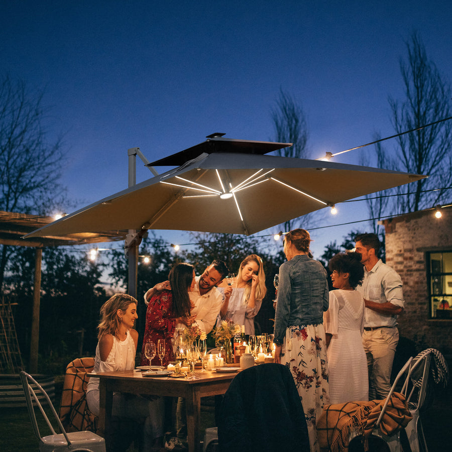 3m Cantilever Parasol, Outdoor Offset Patio Umbrella, Solar LED Lighted Hanging Sun Shade Canopy with Tilt and Crank Handle, Cross Base for Lawn, Beach and Poolside, Grey