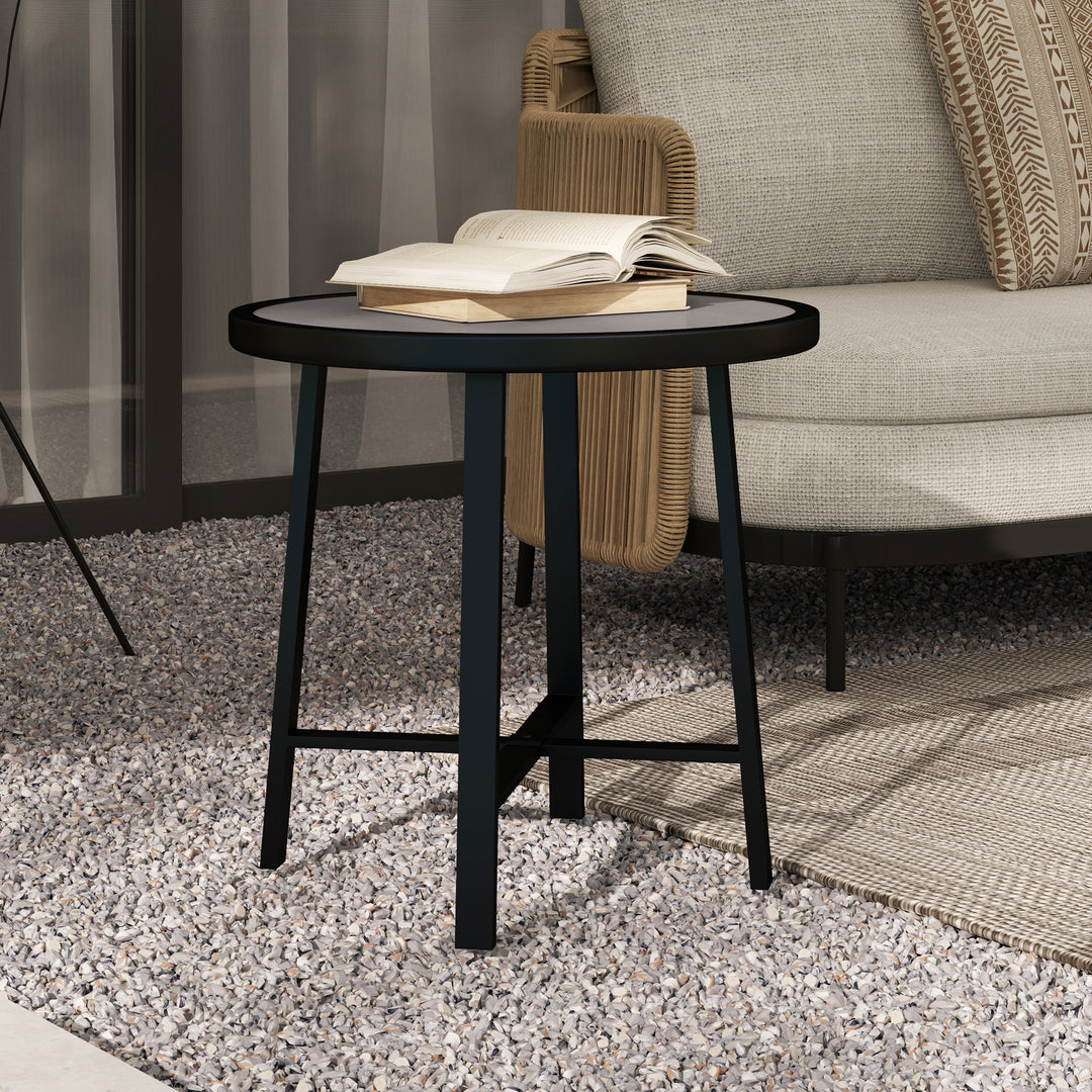 Round Small Garden Table, 50.5cm Outdoor Side Table with SPC Tabletop, Metal Frame and Anti-slip Foot Pads for Garden, Balcony, Grey Wood Effect