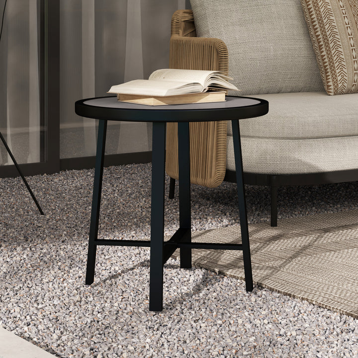 Round Small Garden Table, 50.5cm Outdoor Side Table with SPC Tabletop, Metal Frame and Anti-slip Foot Pads for Garden, Balcony, Grey Wood Effect