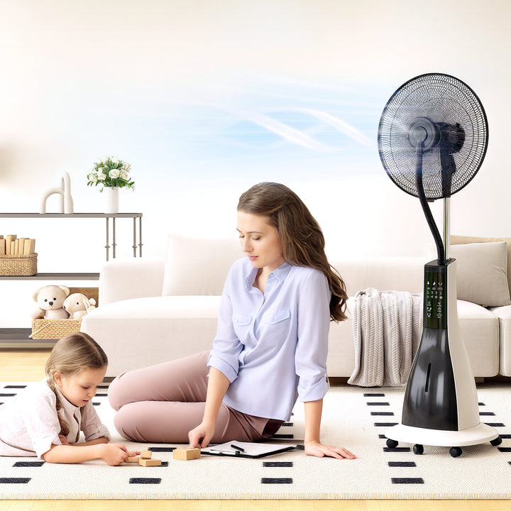 Pedestal Fan with Water Mist Spray, Spray Misting Fan with 75° Oscillation, Remote Control, Tilt Head, 3 Speeds, 3 Modes, 3 Mist, 3L Water Tank, Wheels, for Home, 125 cm