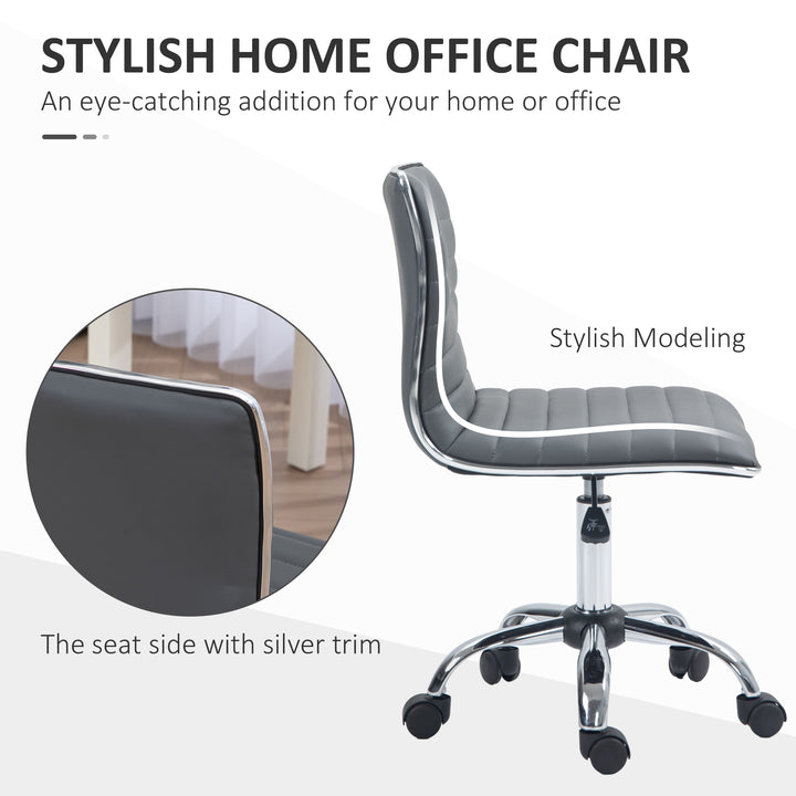 Armless Task Desk Chair, Swivel Office Chair with Faux Leather, Adjustable Seat Height, Chrome Base, Wheels for Home, Dark Grey