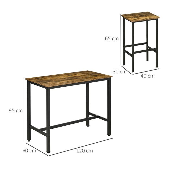 120x60cm Bar Table Set, Breakfast Table with 2 Stools, 3-Piece Counter Height Dining Table & Chairs for Kitchen, Living Room, Rustic Brown