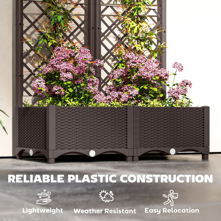 Raised Garden Bed with Trellis, Plastic Planter Box with Drainage Holes, Drain Plugs and Water Reservoirs for Climbing Plants, Vegetables, Flowers, Brown
