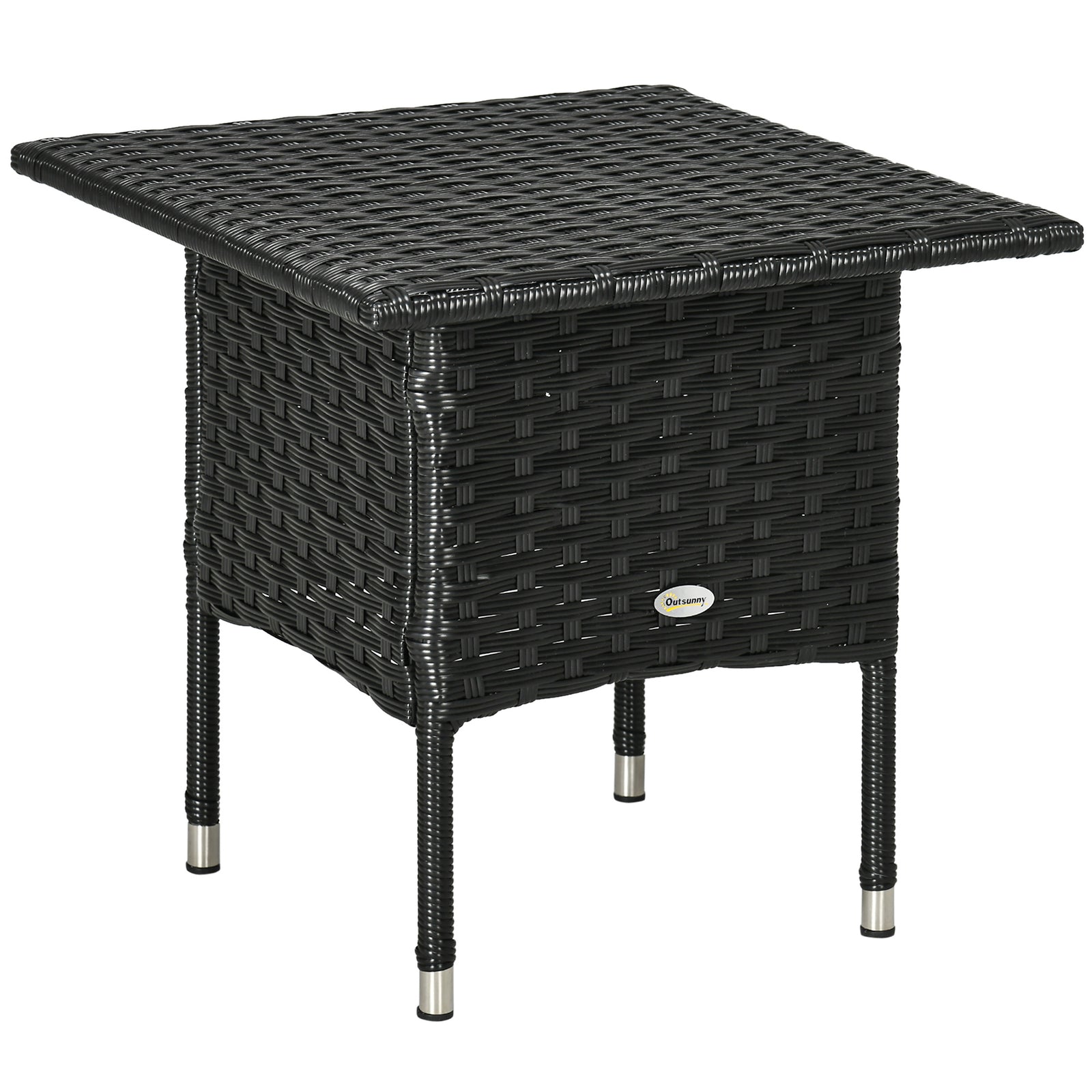 Rattan Side Table, Outdoor Coffee Table with Plastic Board Under the Full Woven Table Top for Patio, Garden, Balcony, Black