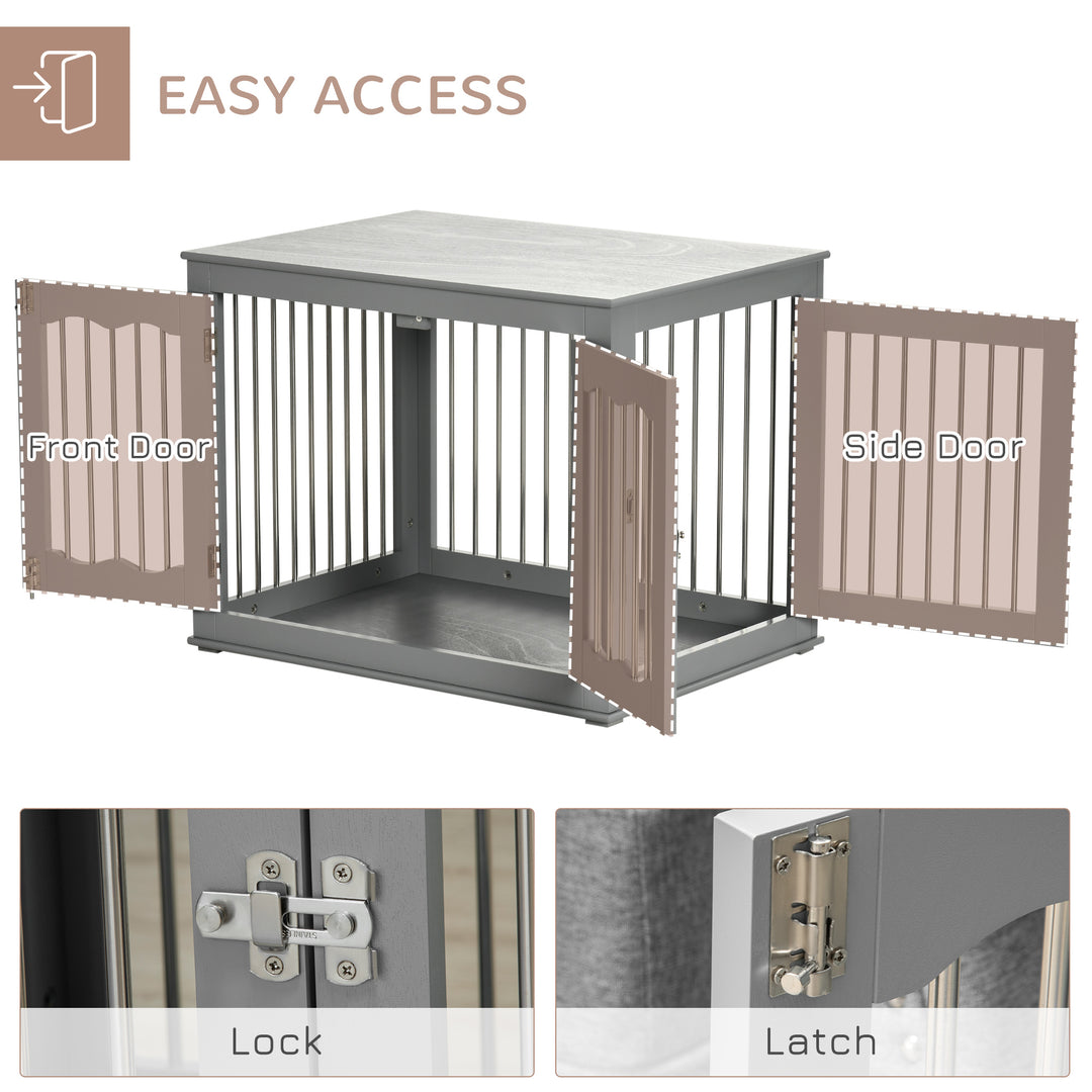 Dog Crate End Table Furniture Style Dog Cage w/ Three Doors, Locks and Latches - Grey