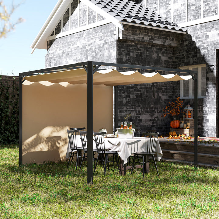 Outsunny 3 x 3m Aluminium Pergola, with Retractable Roof and Wall - Khaki