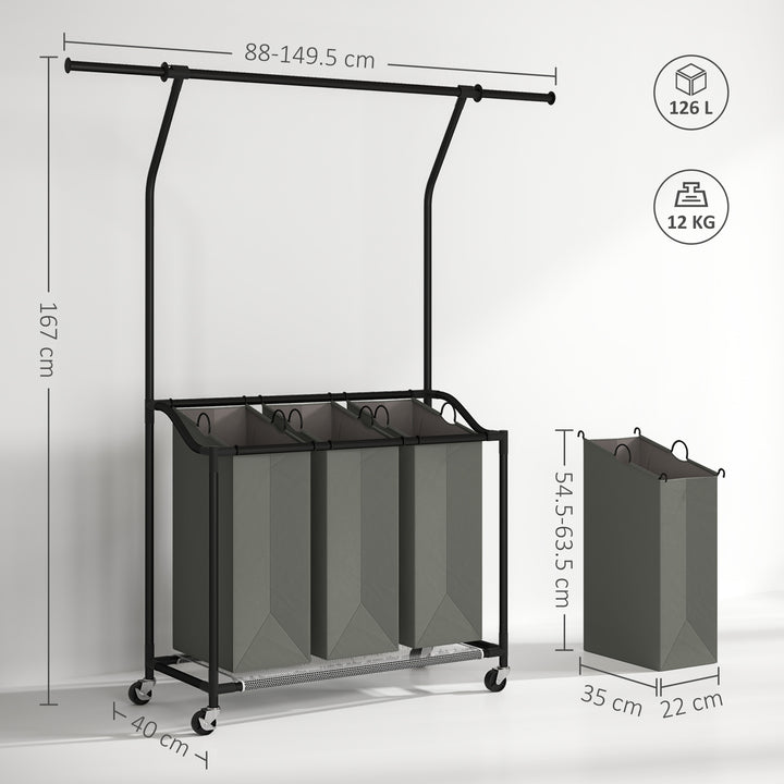 3x 42L Laundry Basket Unit, with Hanging Rail - Black/Grey