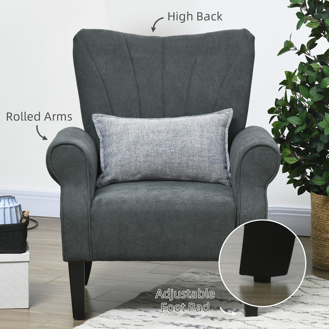 HOMCOM Upholstered Accent Chair with High Back, Rolled Arms and Wood Legs, Soft Thick Padded Armchair, Grey