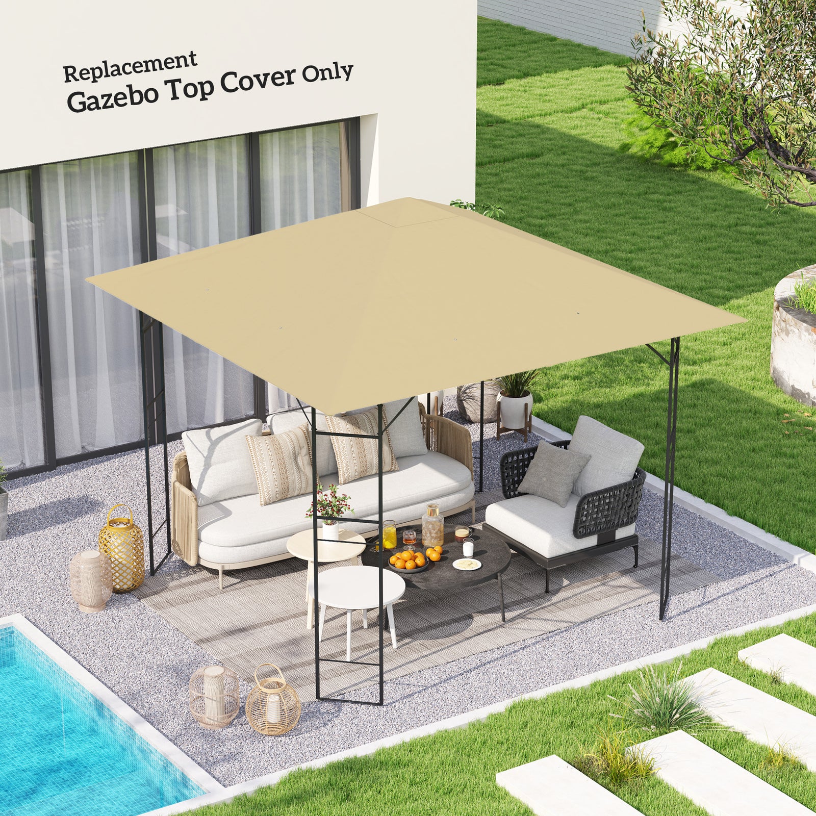 3 x 3(m) Gazebo Canopy Replacement Cover, Garden Gazebo Roof Replacement with Drain Holes, Water Resistant PVC Coating, 370g/㎡, UPF30+, TOP COVER ONLY, Beige