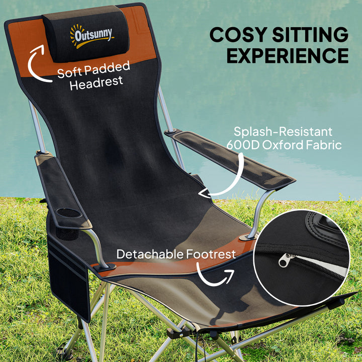 Set of 2 Reclining Folding Camping Chair w/ Detachable Footrest, Storage Bag, Cup Holder & Headrest, Lightweight Portable Camp Chair for Beach, Picnic, Orange and Black