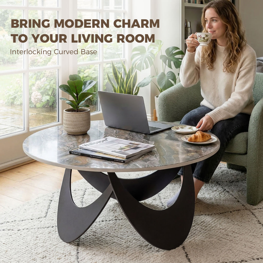 Coffee Table Sintered Stone Top Adjustable Foot Pads Modern Centre Tab