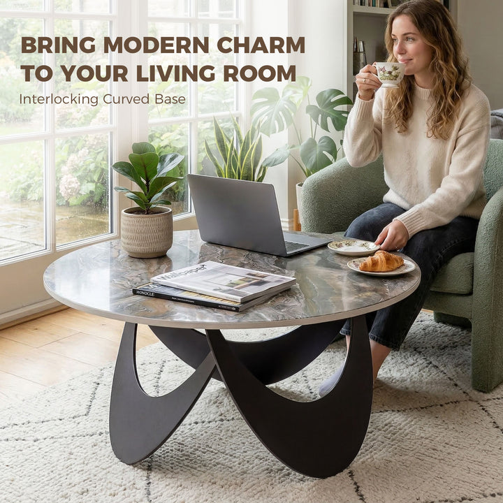 Coffee Table Sintered Stone Top Adjustable Foot Pads Modern Centre Tab