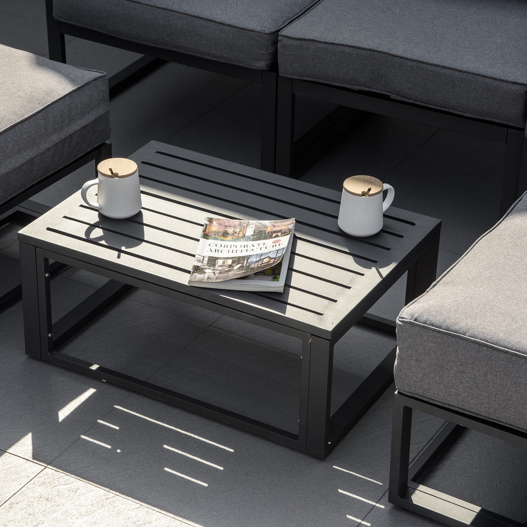 MCL Garden Daybed, 6 Piece Outdoor Sectional Sofa Set, Aluminum Patio Conversation Furniture Set with Coffee Table, Footstool and Cushions, Grey