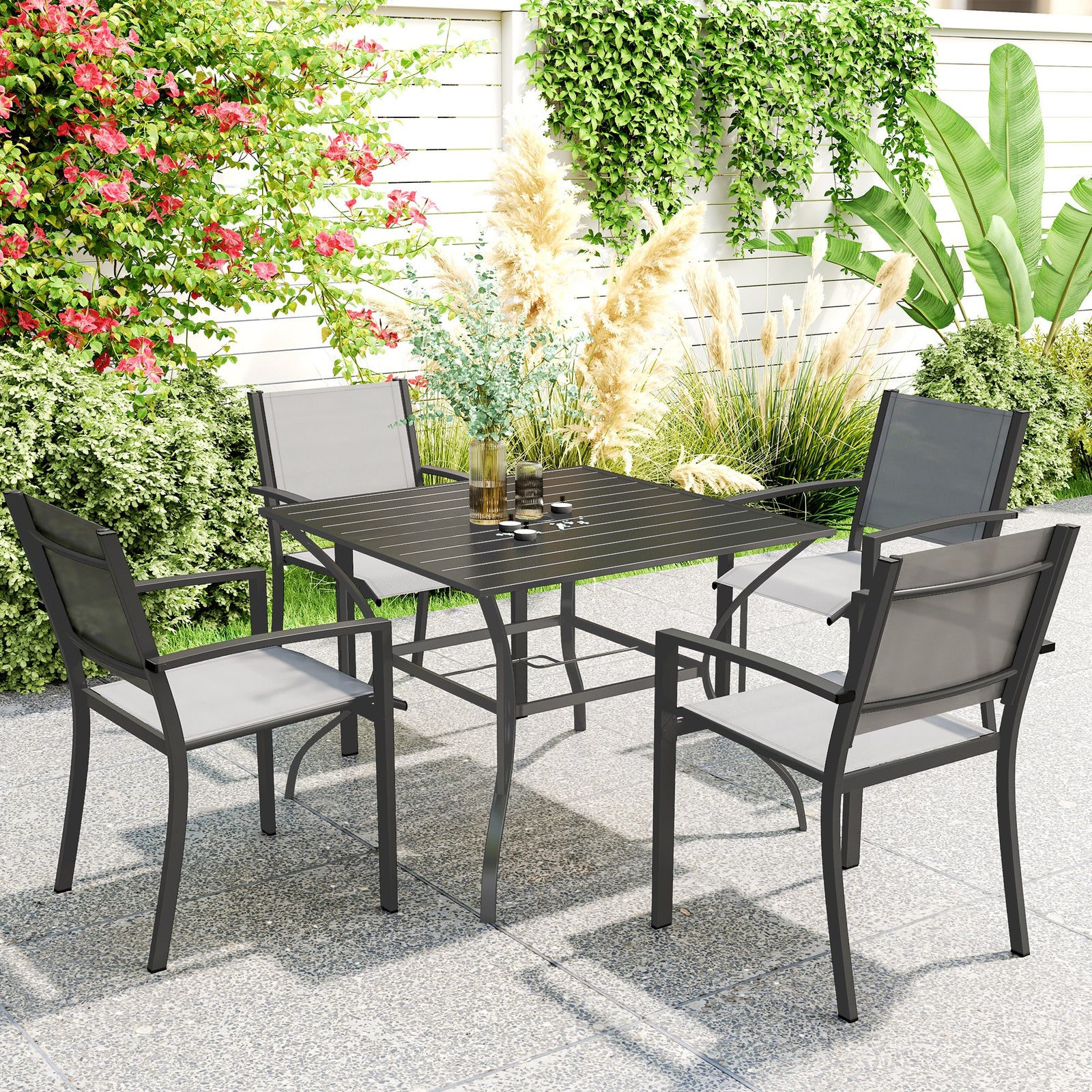 94 x 94 cm Garden Table with Parasol Hole, Outdoor Dining Garden Table for Four with Slatted Metal Plate Top, Dark Grey