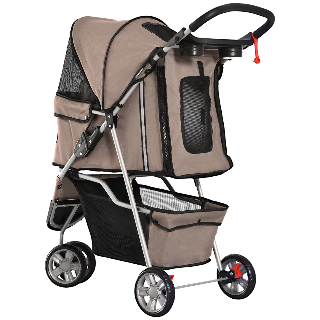 Dog Stroller, 3 Wheels Foldable Cat Dog Pram with Cup Holder, Storage Basket, Pet Stroller for Small Miniature Dogs, Brown