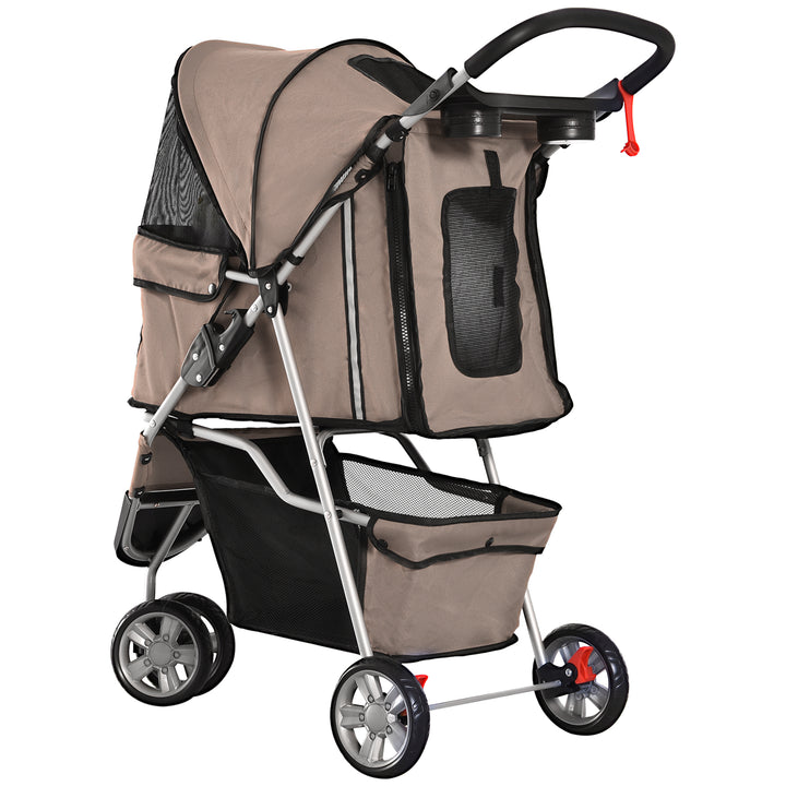 Dog Stroller, 3 Wheels Foldable Cat Dog Pram with Cup Holder, Storage Basket, Pet Stroller for Small Miniature Dogs, Brown