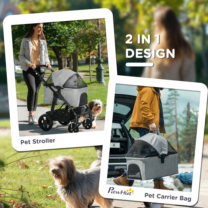 PawHut 2-In-1 Design No-Zip Pet Stroller Detachable Bag Travel Trolley w/ Shock-absorbing System Brake Basket Adjustable Handlebar, Grey | Aosom UK