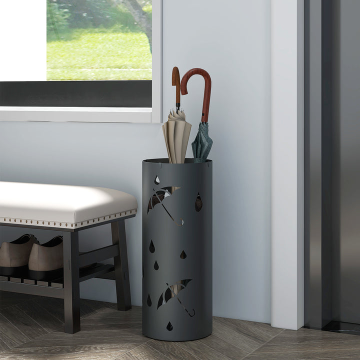 HOMCOM Umbrella Station: Circular Stand with Hooks & Water Tray, Hallway Essential, Dark Grey | Aosom UK