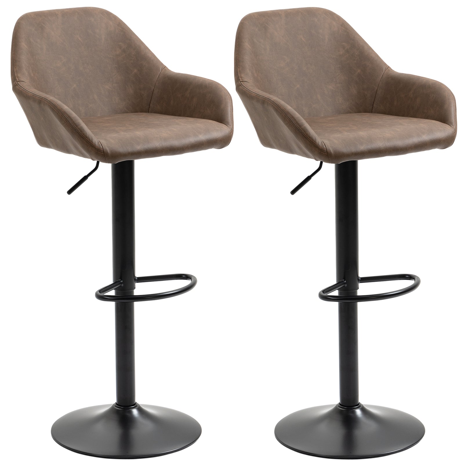 Bar Stools Set of 2, Height Adjustable Swivel Barstools, PU Leather Kitchen Stools with Backs, Armrests and Footrest for Home, Counter and Dining Room, Dark Brown