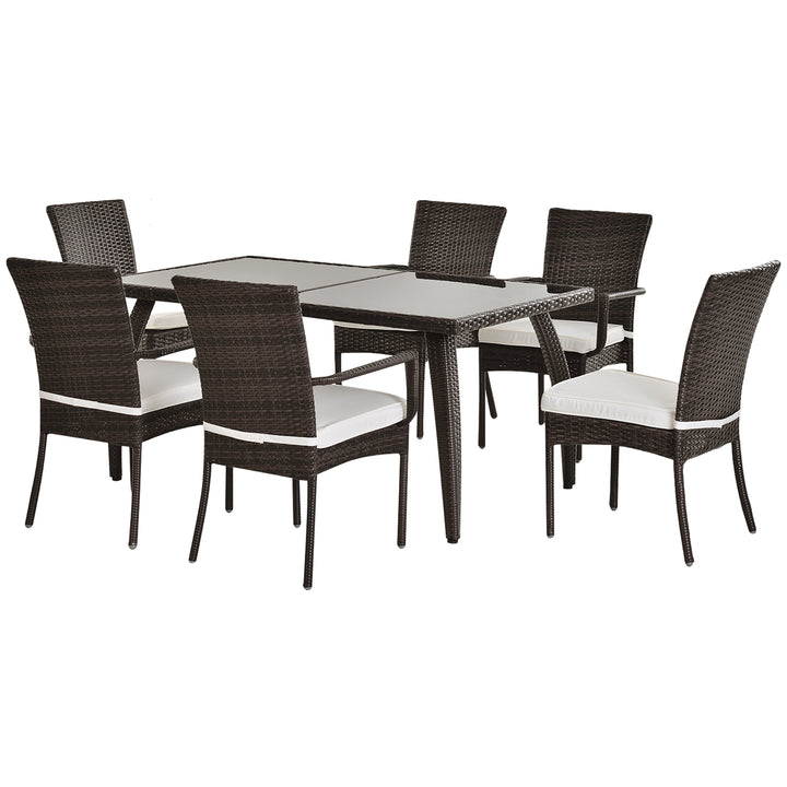 6 Seater Rattan Dining Set with Cushions, Rattan Garden Furniture Set, Outdoor Dining Table and Chairs with 6 Stackable Armchairs, Rectangular Glass Top Table for Patio, Balcony, Brown