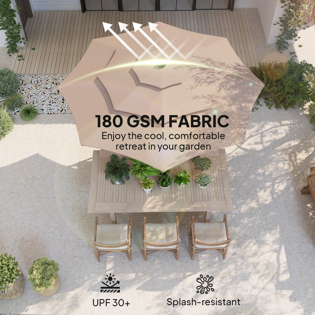 3-Tier Garden Parasol with Solar LED Lights, UPF 30+, Tilt Mechanism & Crank Handle, for Market Terrace, Khaki