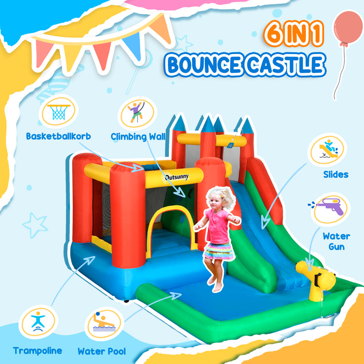 Outsunny Kids Inflatable Bouncy Castle Water Slide 6 in 1 Bounce House Jumping Castle Water Pool Gun Climbing Wall Basket for Summer Playland