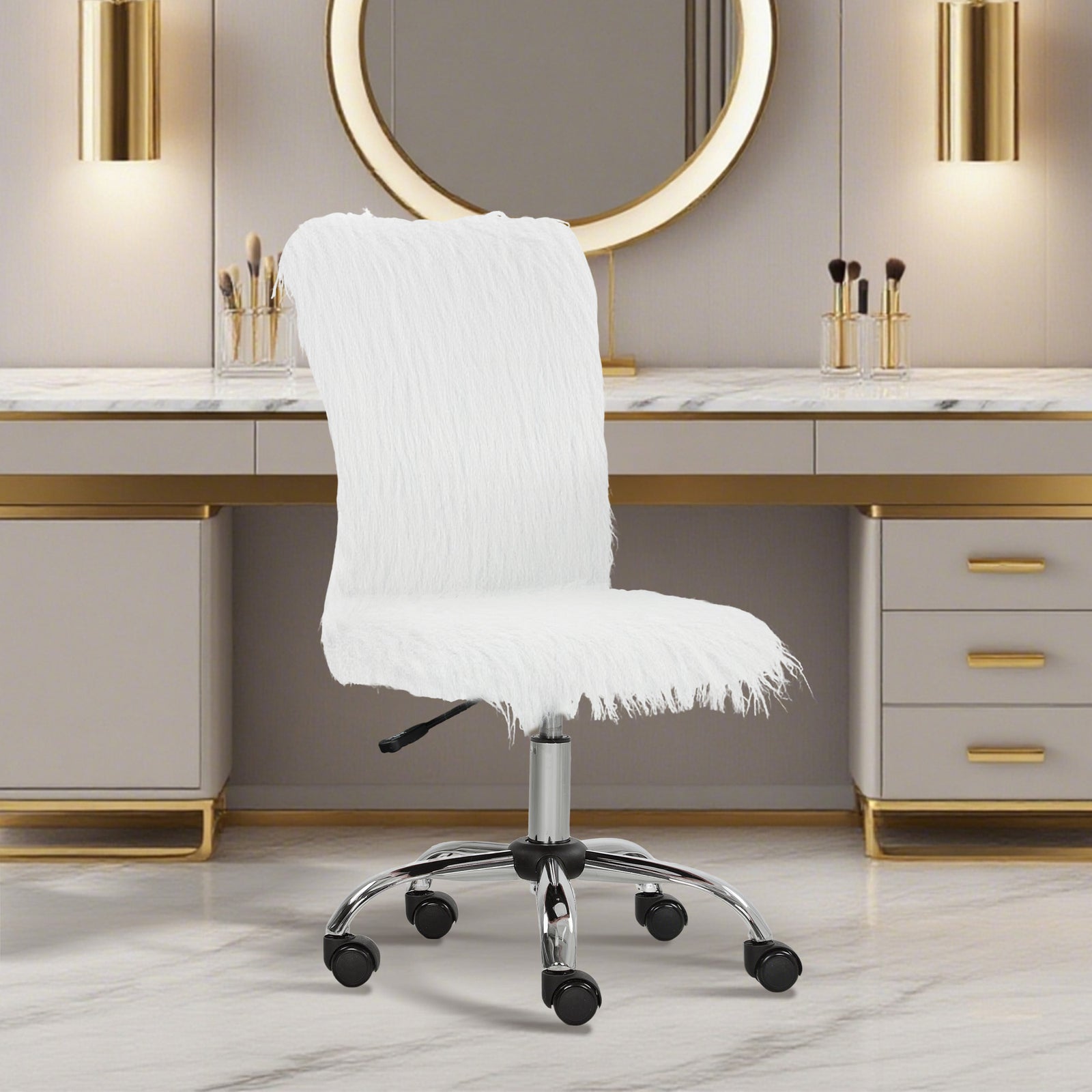 Plush Office Desk Chair, Modern Armless Swivel Vanity Chair with Adjustable Height for Home Office, Bedroom, Living Room, White