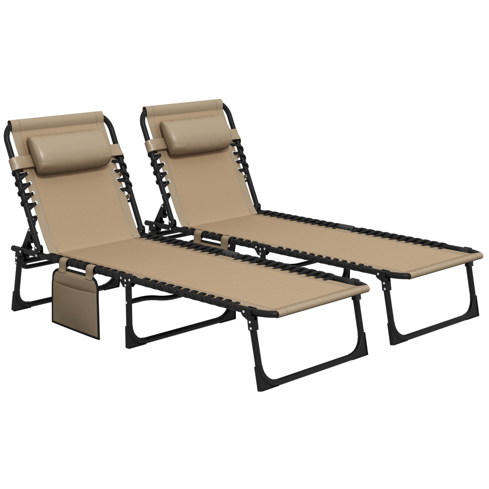 Portable Sun Lounger Set of 2, Folding Camping Bed Cot, Reclining Lounge Chair 5-position Adjustable Backrest with Side Pocket, Pillow for Patio Garden Beach Pool, Beige
