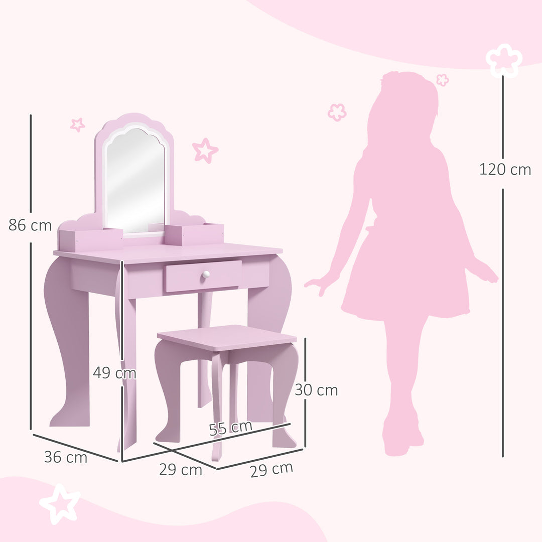 ZONEKIZ Child's Vanity Set with Cloud-Shaped Mirror, Stool, Drawer, and Storage Compartments, Pink | Aosom UK